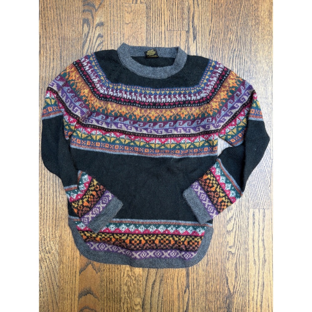 100% Alpaca Sweater Small Black Fair Isle Boho Folk Eclectic Grandpa Heritage